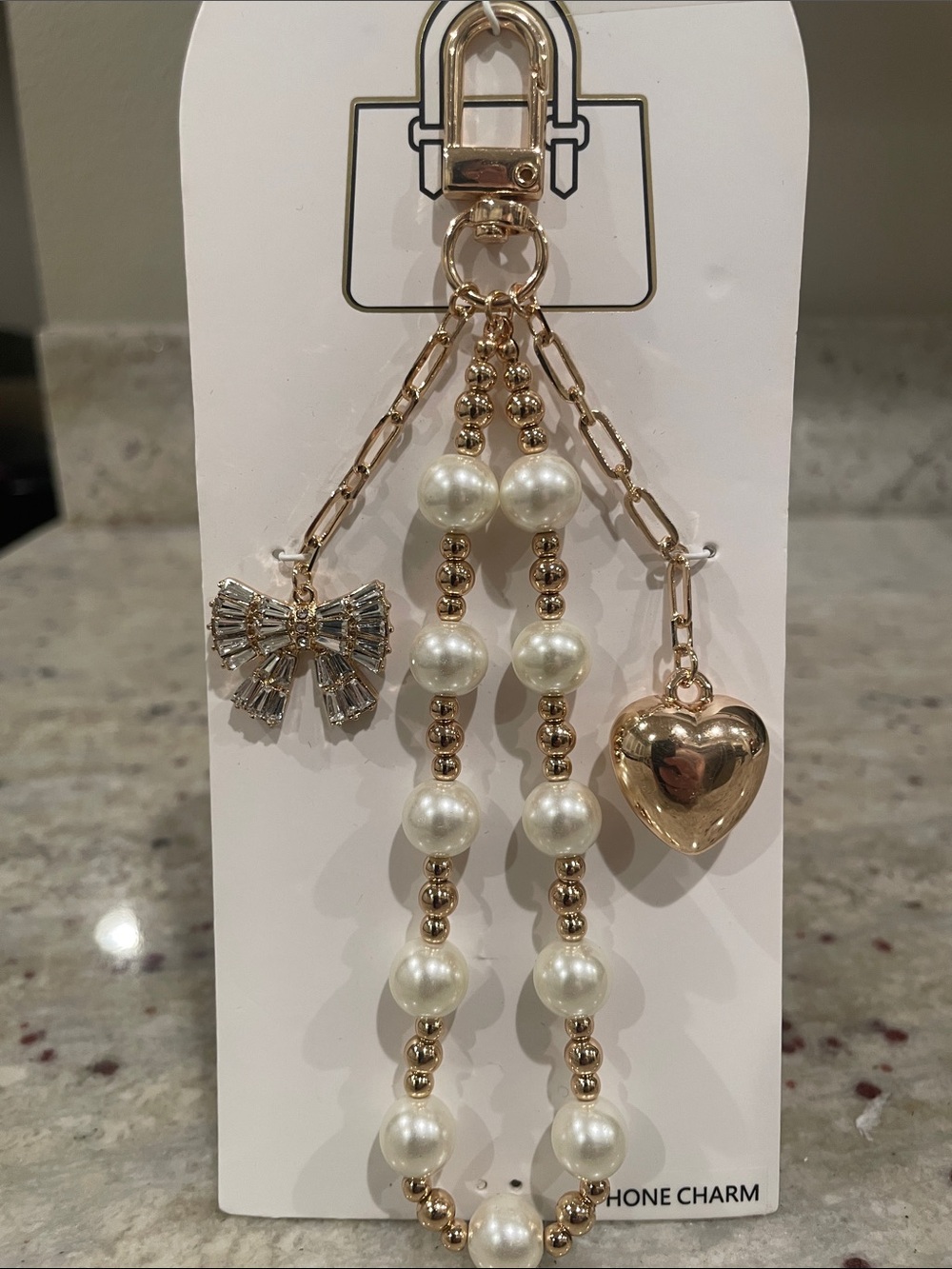 Phone charm/Bag charm: Pearl and gold tone accent w/ crystal bow & heart charm